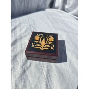 Vintage Wooden Jewelry Trinket Box 3" – Floral Inlay Lid, Velvet Lined Interior
